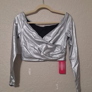 SHEIN Metallic Silver Long Sleeve Crop Top